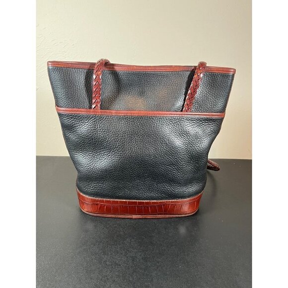 BRIGHTON Pebbled Black Leather Bucket Bag Purse Embossed Brown Croc Leather - Picture 7 of 16